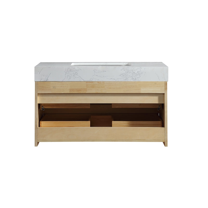 36 inch Modern Floating Maple Wood Bathroom Vanity Cabinet with LED Light and Stone Slab Countertop