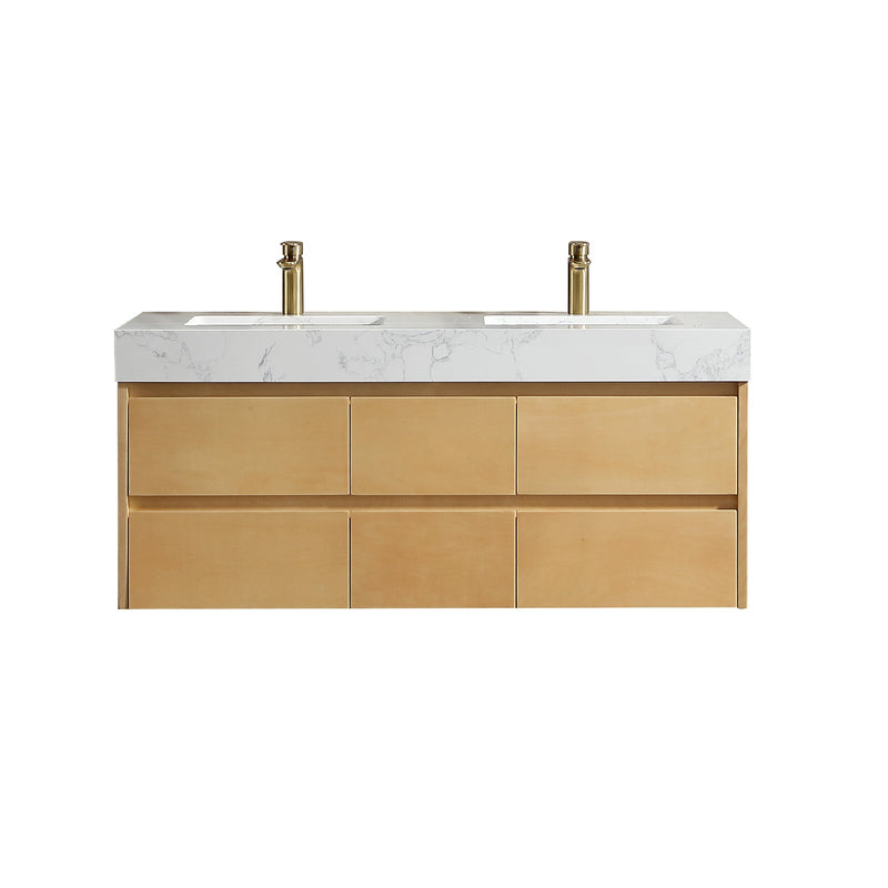 48 inch Modern Floating Maple Wood Bathroom Vanity Cabinet with LED Light and Double Basin