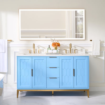 60 in. W x 22 in. D x 35 in. H Bathroom Vanity in Light Blue with Carrara White Quartz Vanity Top with White Sink