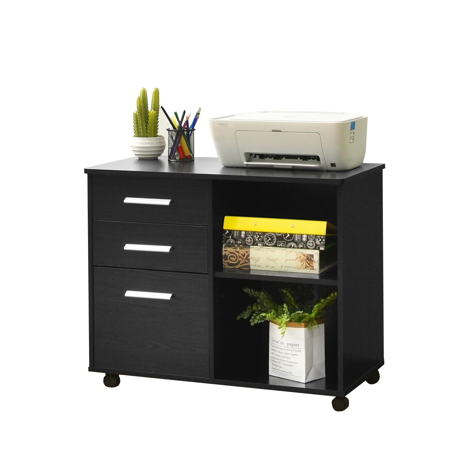 Mobile Lateral File Cabinet Printer Stand with 3 Drawers and 2 Open S ...