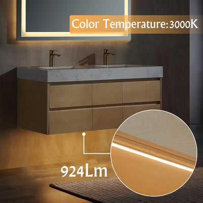 48 inch Modern Floating Maple Wood Bathroom Vanity Cabinet with LED Light and Double Basin