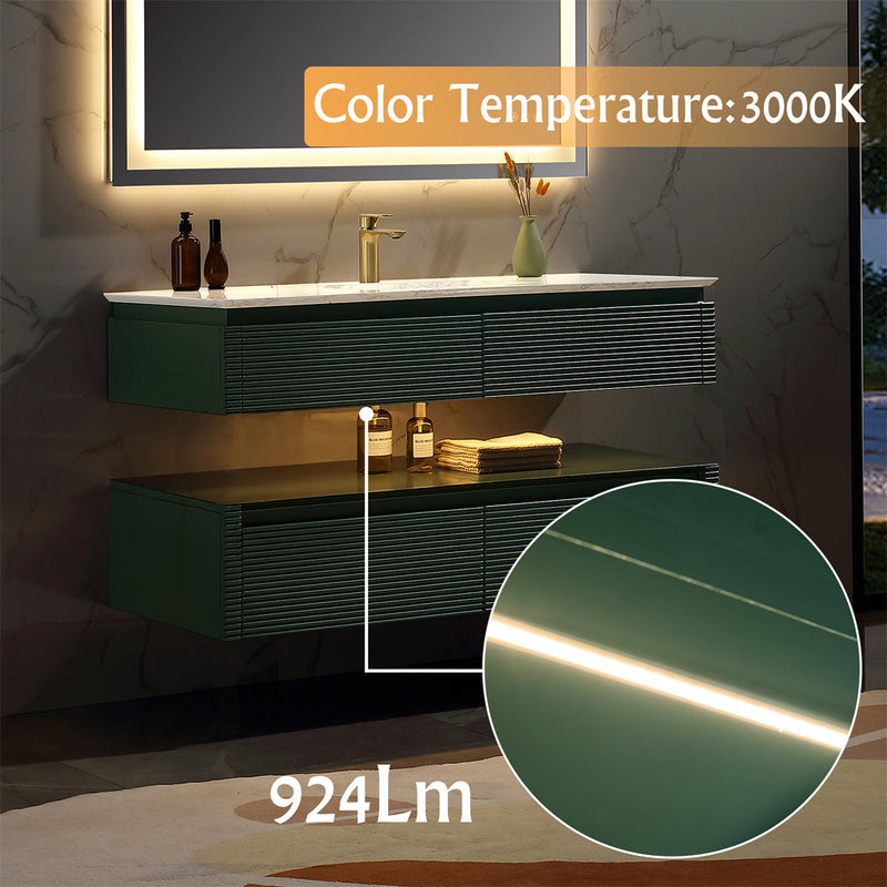 48 in. Floating Bathroom Vanity Set in Green with Lights and White Marble Countertop