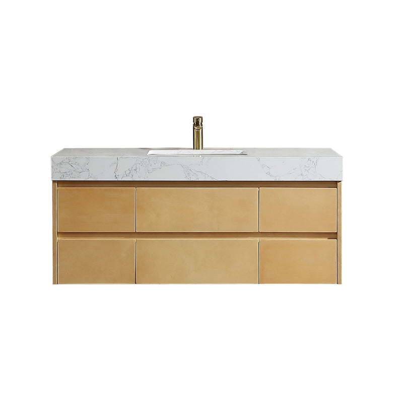 48 inch Modern Floating Maple Wood Bathroom Vanity Cabinet with LED Light and Stone Slab Countertop