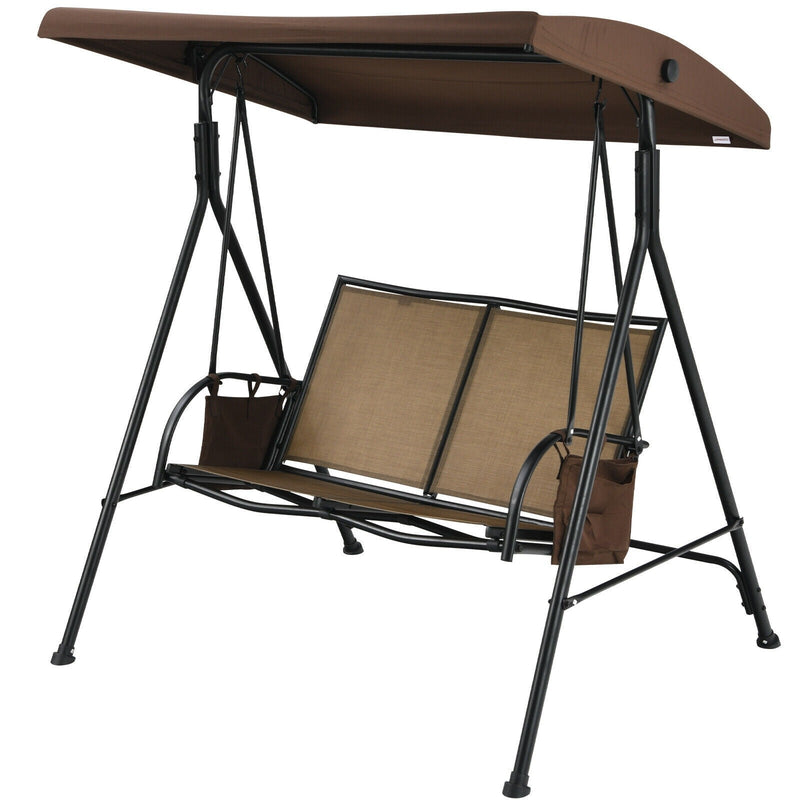 2 Seat Patio Porch Swing with Adjustable Canopy Storage Pockets