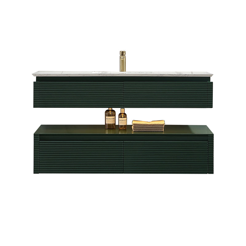 48 in. Floating Bathroom Vanity Set in Green with Lights and White Marble Countertop