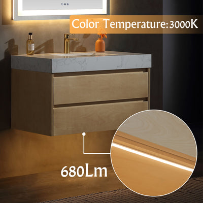 36 inch Modern Floating Maple Wood Bathroom Vanity Cabinet with LED Light and Stone Slab Countertop