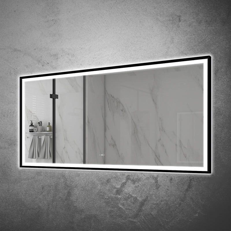 84 in. W x 40 in. H Large Rectangular Framed LED Light Anti-Fog Wall Bathroom Vanity Mirror in Black