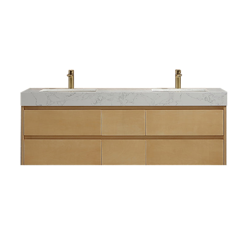 60 inch Modern Floating Maple Wood Bathroom Vanity Cabinet with LED Light and Double Basin