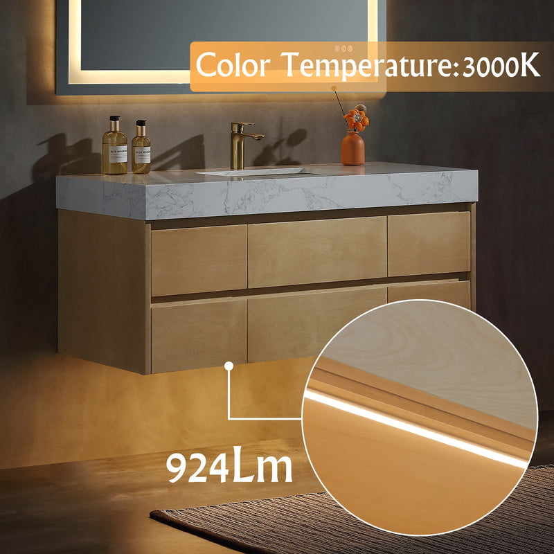 48 inch Modern Floating Maple Wood Bathroom Vanity Cabinet with LED Light and Stone Slab Countertop