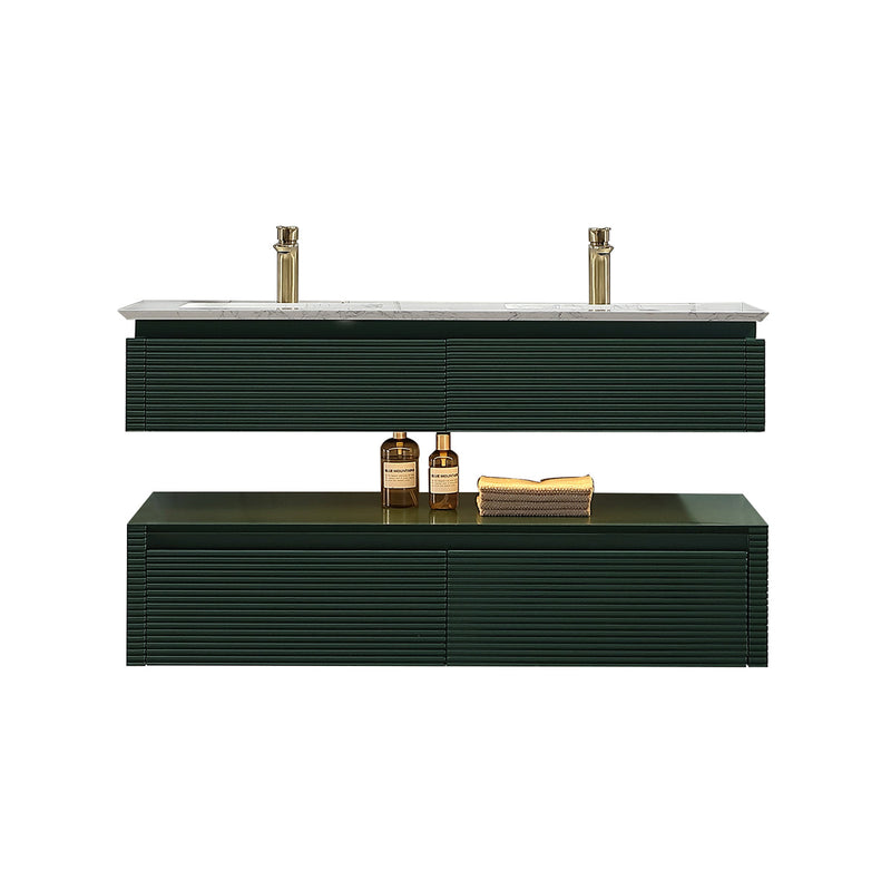 48 in. Floating Bathroom Vanity Set in Green with Lights and White Marble Countertop with Double Basin