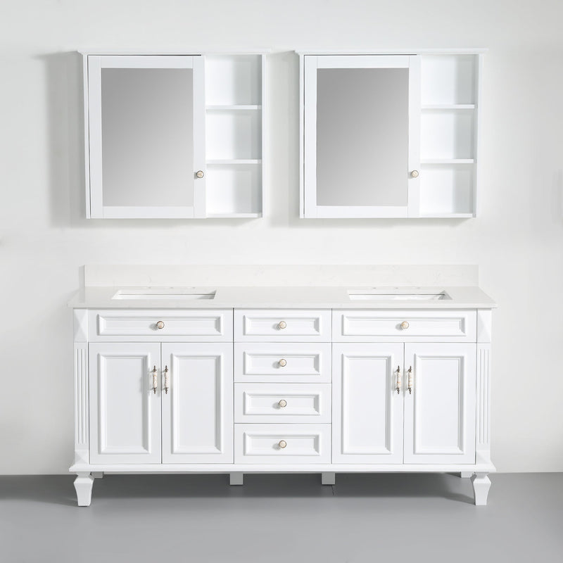 72inch White Single Sink Freestanding Solid Wood Bathroom Vanity Storage Organizer with Carrara White Quartz Countertop