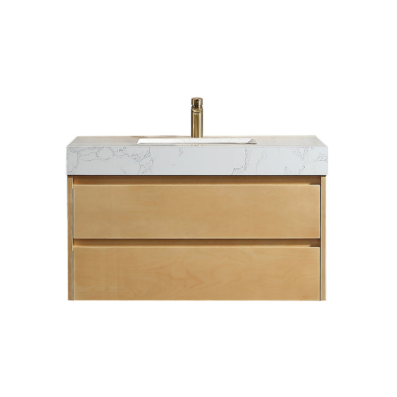 36 inch Modern Floating Maple Wood Bathroom Vanity Cabinet with LED Light and Stone Slab Countertop