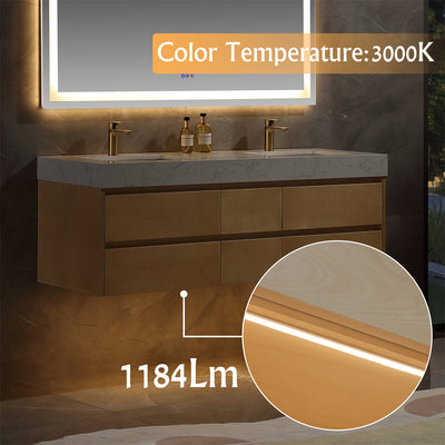 60 inch Modern Floating Maple Wood Bathroom Vanity Cabinet with LED Light and Double Basin