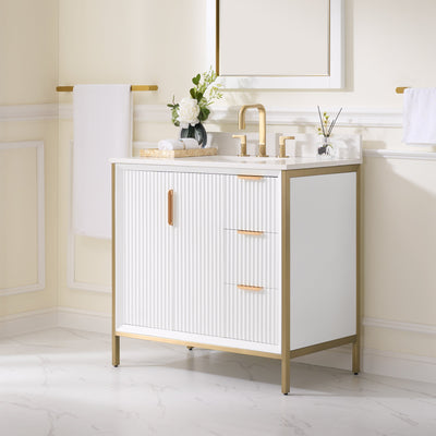 36 in. Bathroom Vanity in White with Quartz Vanity Top in Carrara