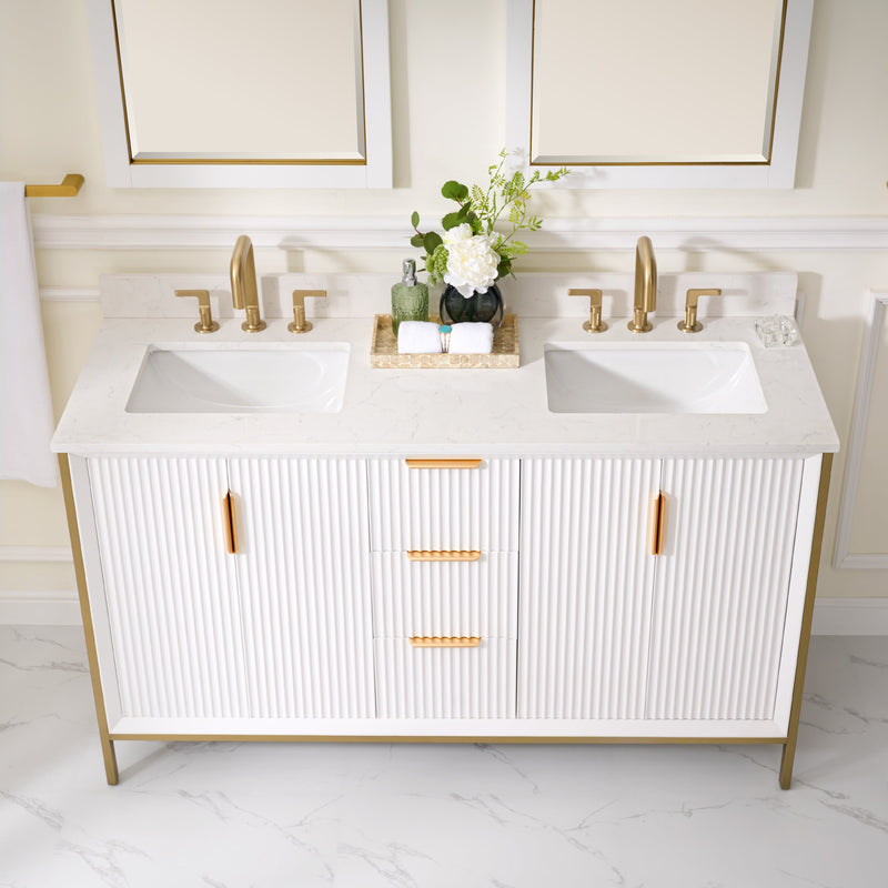 60 in. Bathroom Vanity in White with Quartz Vanity Top in Carrara