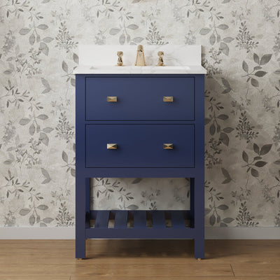 24-in Undermount Single Sink Freestanding Bathroom Vanity with White Top in Navy Blue