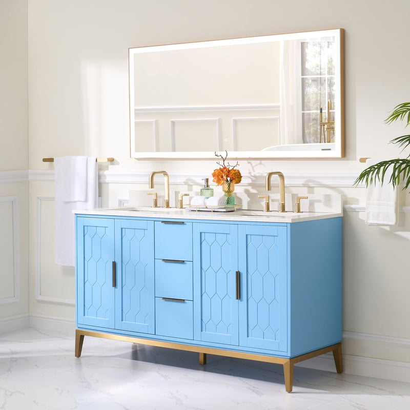 60 in. W x 22 in. D x 35 in. H Bathroom Vanity in Light Blue with Carrara White Quartz Vanity Top with White Sink