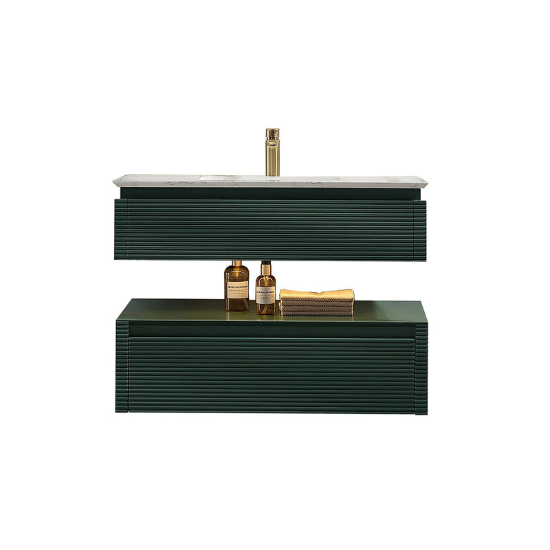 36 in. Floating Bathroom Vanity Set in Green with Lights and White Marble Countertop