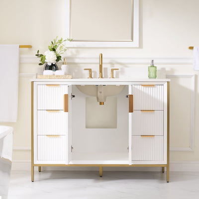 48 in. Bathroom Vanity in White with Quartz Vanity Top in Carrara