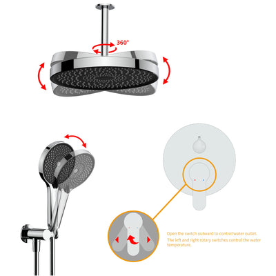 Wall-Mounted Ceiling Round Shower Set with 3 Spray Patterns