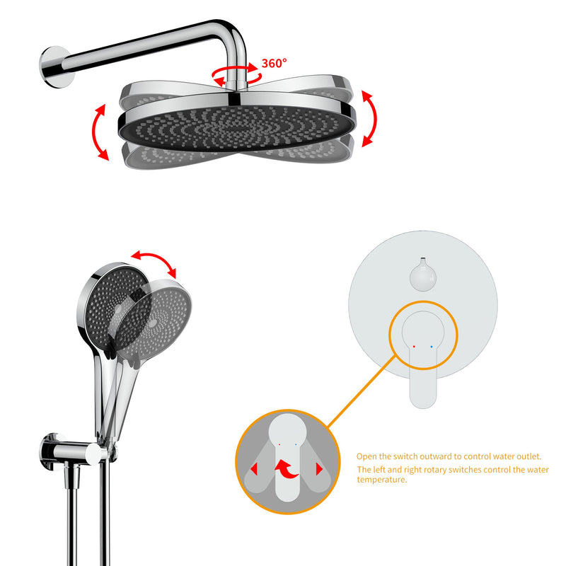 Wall-mounted round shower set with 6 spray patterns