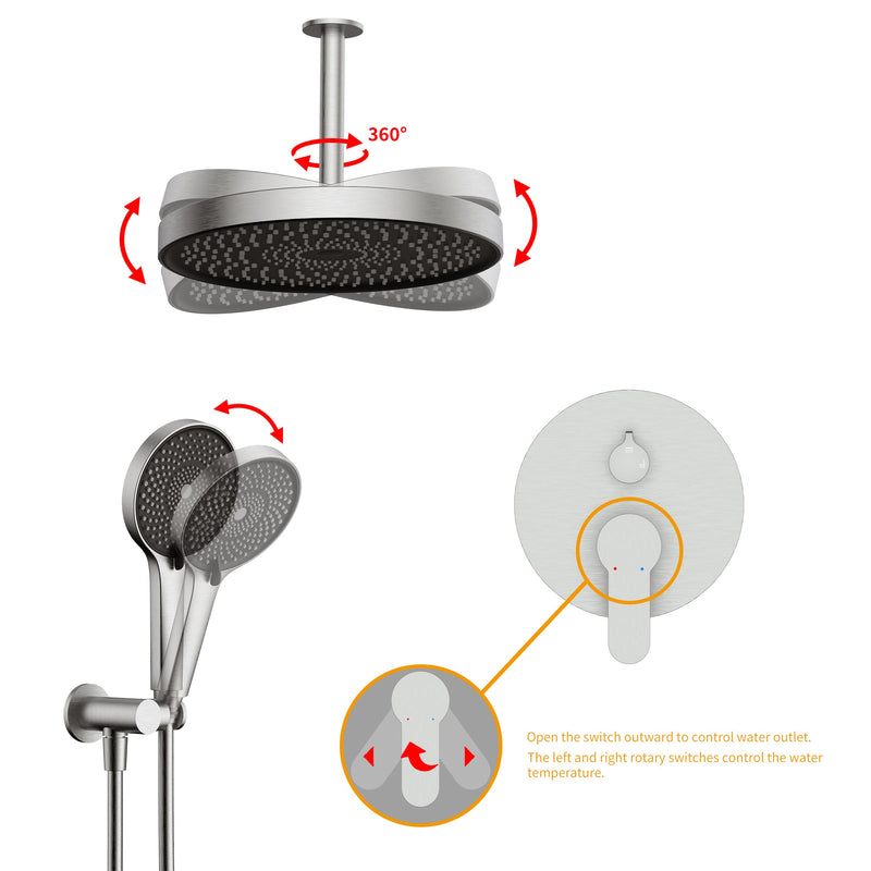 Wall-Mounted Ceiling Round Shower Set with 3 Spray Patterns