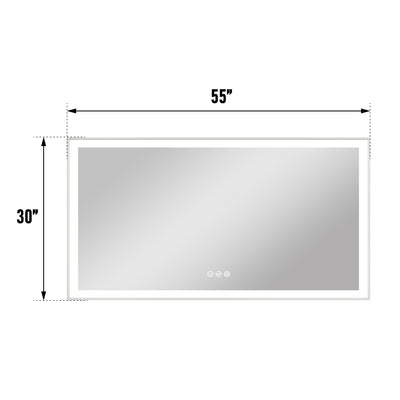 55 in. W x 30 in. H Rectangular Aluminum Framed LED Wall Mount Anti-Fog Modern Decorative Bathroom Vanity Mirror in White