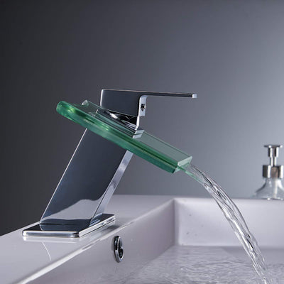 Waterfall Single Hole Single-Handle Low-Arc Bathroom Faucet With Glass Spout In Polished Chrome