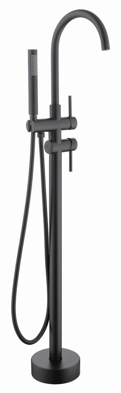 2-Handle Freestanding Floor Mount Bath Tub Filler Faucet with Handheld Shower in Matte Black