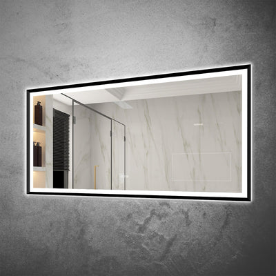 72 in. W x 36 in. H Large Rectangular Framed LED Light Anti-Fog Wall Bathroom Vanity Mirror in Black