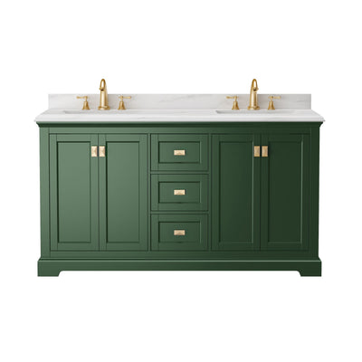 60-in Undermount Double Sinks Freestanding Bathroom Vanity with White Top in Venetian Green