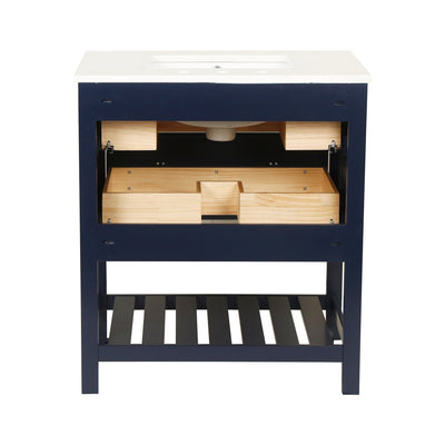 30-in Undermount Single Sink Freestanding Bathroom Vanity with White Top in Navy Blue