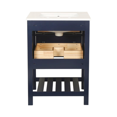 24-in Undermount Single Sink Freestanding Bathroom Vanity with White Top in Navy Blue