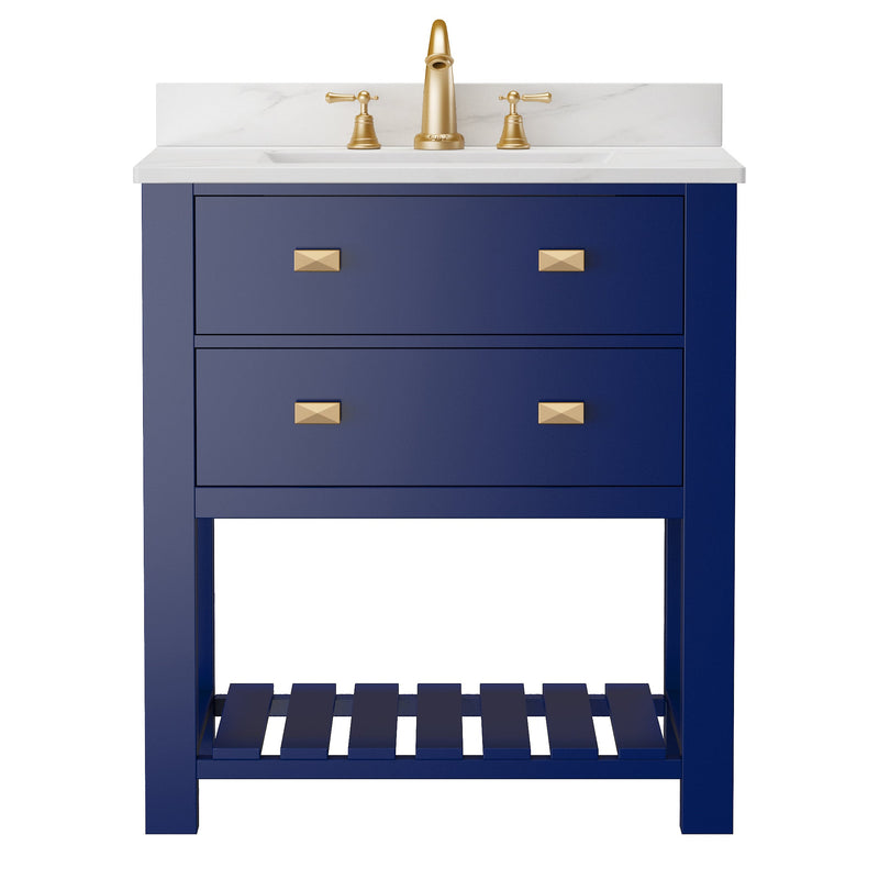 30-in Undermount Single Sink Freestanding Bathroom Vanity with White Top in Navy Blue