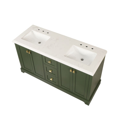 60-in Undermount Double Sinks Freestanding Bathroom Vanity with White Top in Venetian Green