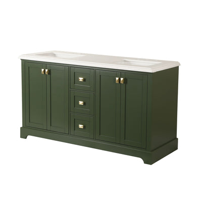 60-in Undermount Double Sinks Freestanding Bathroom Vanity with White Top in Venetian Green