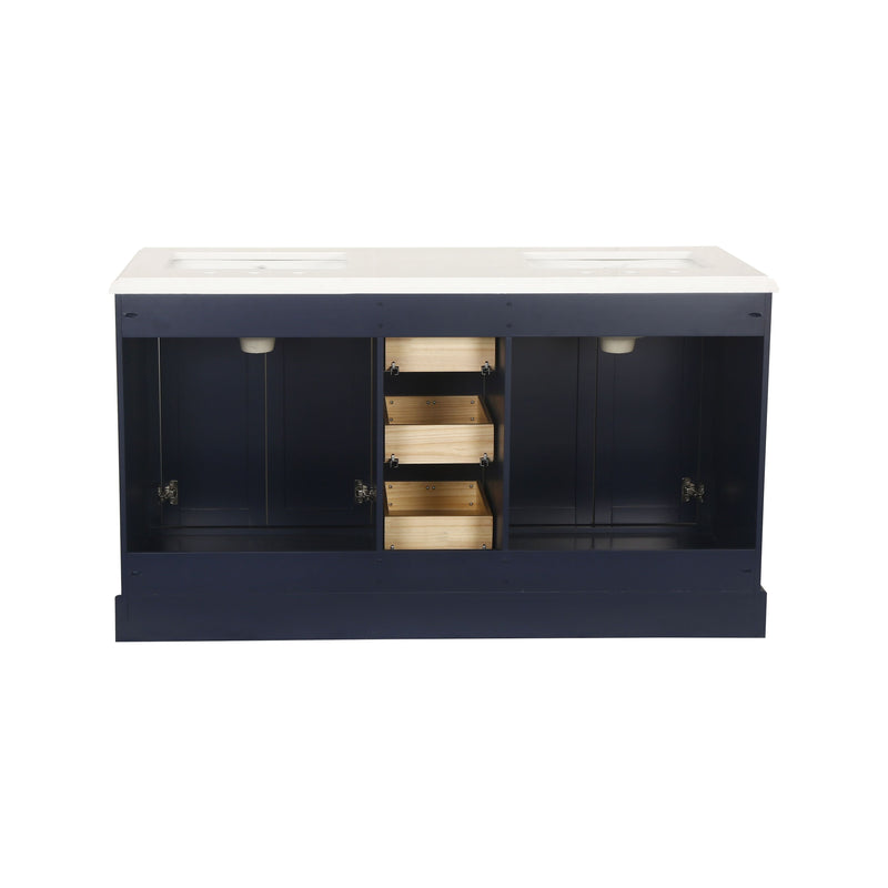 60-in Undermount Double Sinks Freestanding Bathroom Vanity with White Top in Navy Blue