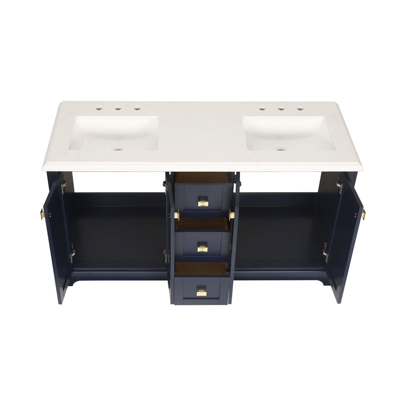 60-in Undermount Double Sinks Freestanding Bathroom Vanity with White Top in Navy Blue