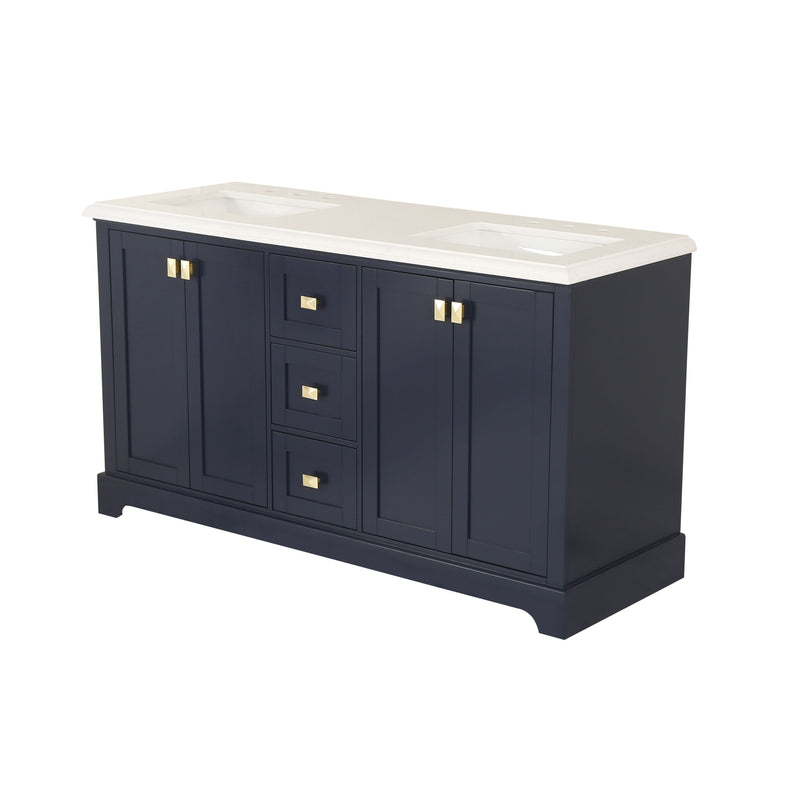 60-in Undermount Double Sinks Freestanding Bathroom Vanity with White Top in Navy Blue