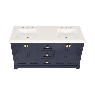 60-in Undermount Double Sinks Freestanding Bathroom Vanity with White Top in Navy Blue