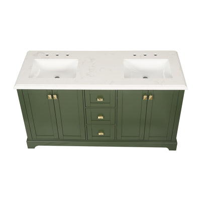 60-in Undermount Double Sinks Freestanding Bathroom Vanity with White Top in Venetian Green