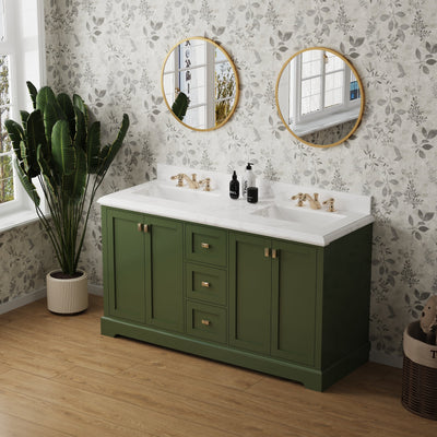 60-in Undermount Double Sinks Freestanding Bathroom Vanity with White Top in Venetian Green