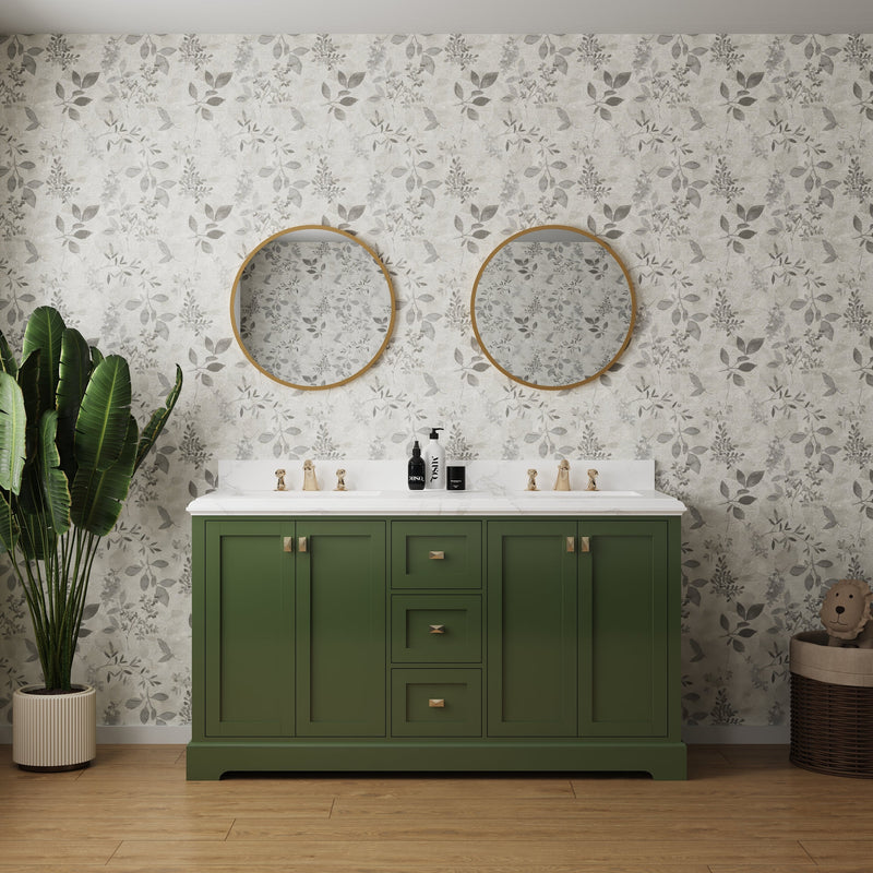 60-in Undermount Double Sinks Freestanding Bathroom Vanity with White Top in Venetian Green