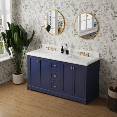 60-in Undermount Double Sinks Freestanding Bathroom Vanity with White Top in Navy Blue