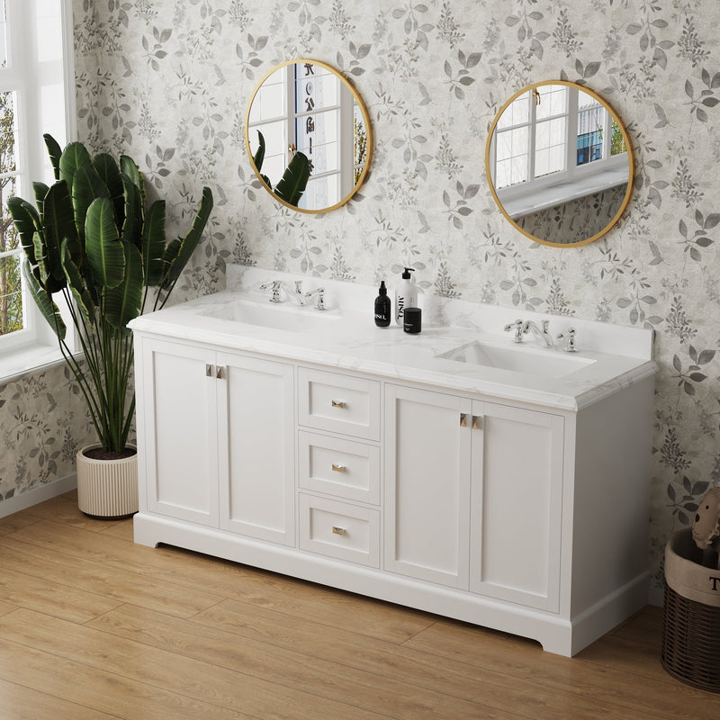 72-in Undermount Double Sinks Freestanding Bathroom Vanity with White Top in White