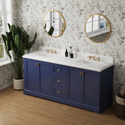 72-in Undermount Double Sinks Freestanding Bathroom Vanity with White Top in Navy Blue