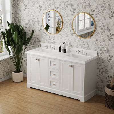 60-in Undermount Double Sinks Freestanding Bathroom Vanity with White Top in White