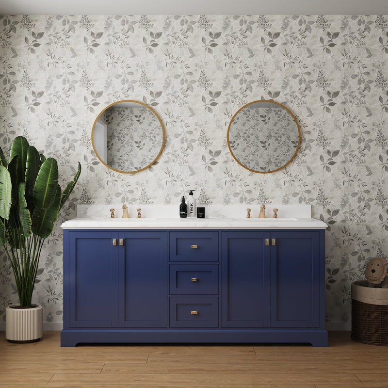 72-in Undermount Double Sinks Freestanding Bathroom Vanity with White Top in Navy Blue