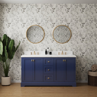 60-in Undermount Double Sinks Freestanding Bathroom Vanity with White Top in Navy Blue