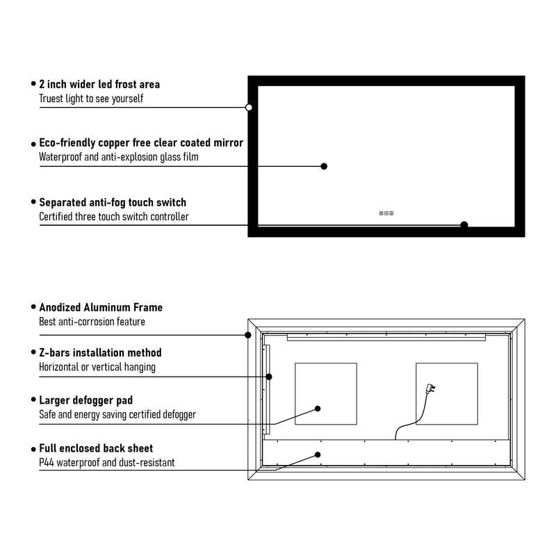 55 in. W x 32 in. H Rectangular Frameless Anti-Fog LED Illuminated Dimmable Wall Mount Premium Bathroom Vanity Mirror